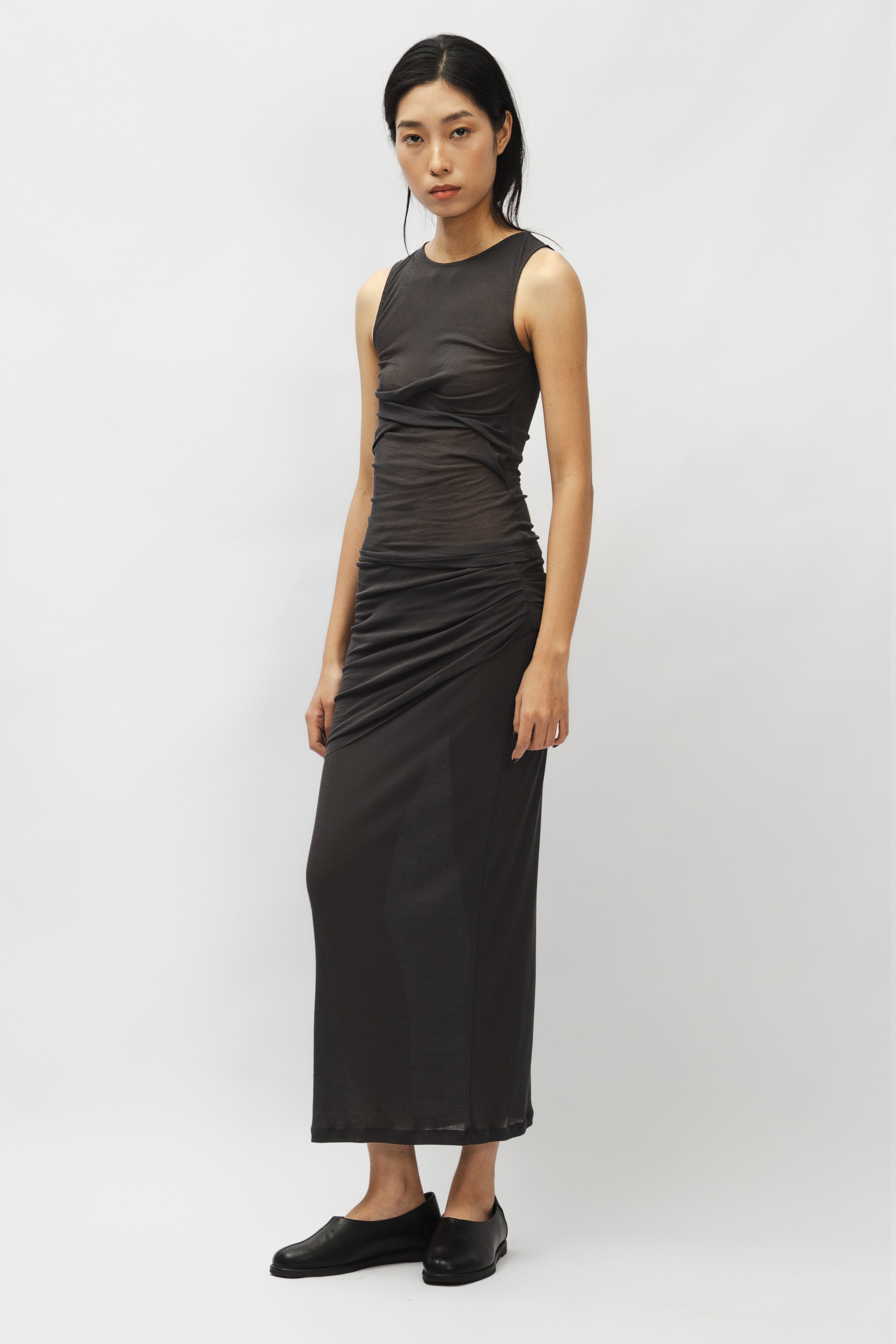 Subtle Front Asymmetric Draped Waistband Long Skirt Gray – Subtle Le Nguyen